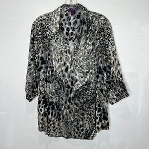 Gloria Vanderbilt Woman’s Top Lg Black Gray Animal Print ¾ Sleeves Button Front